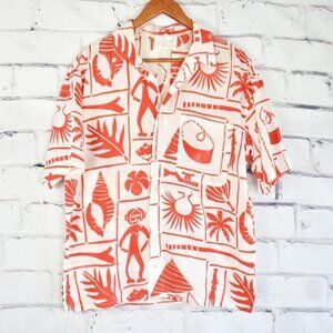 Hand Painted White & Red Pacific Island Nautical Print Short Sleeve Shirt